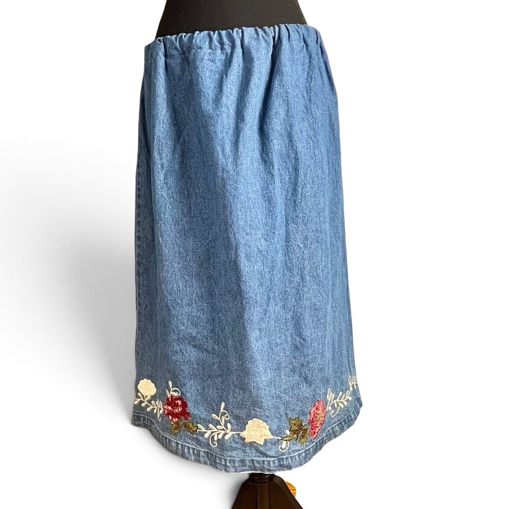 Vintage Floral Embroidered Applique Denim Skirt Western Teachercore Midi Size L